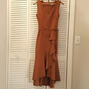 Calvin Klein size 6 sleeveless side ruffle fit and flare midi dress Crepe